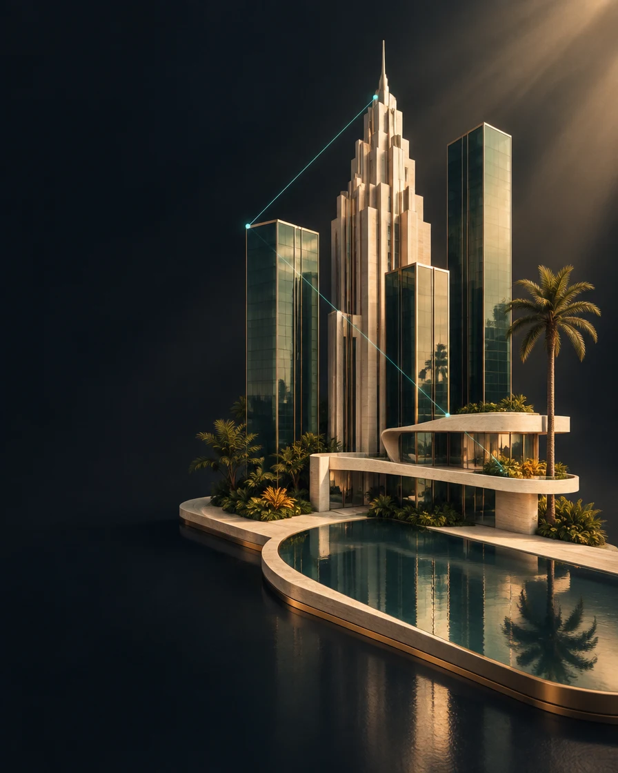 Conceptual Manhattan and tropical modernist architecture connected by fine light paths